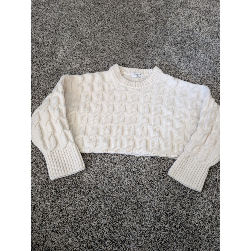 Babaton Aritzia Ivory Cable‎ Knit Cropped Sweater Crew Neck XS Creamy White